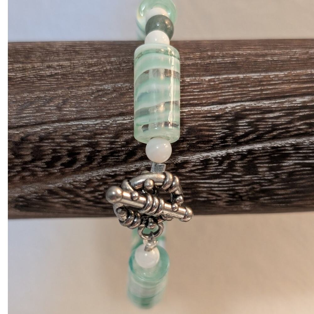 Glass Mint Green Lampwork Elongated Cylinder & Stone & Milk Glass Bead Bracelet